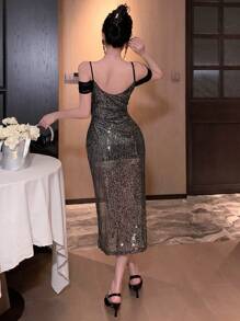 DAZY Black And Gold Winter Night Out Party Sheer Mesh Sequins Bodycon Off Shoulder High Slit Midi Evening Dress,Women Prom Homecoming Sparkly Outfit - Black - View 5
