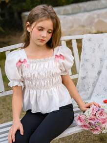 SHEIN Tween Girl' 优雅可爱蝴蝶结泡泡袖短款荷叶边下摆衬衫，适合外出、上学、春夏装、公主风格、婚礼季节 - 白色 - 查看 1