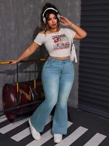 SHEIN ICON 大码弹力修身洗水喇叭牛仔裤 - 淺色水洗藍 - 查看 3