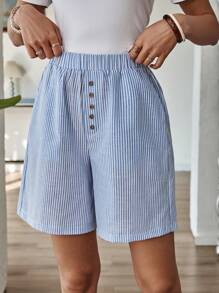 EMERY ROSE 中腰百慕大短裤，纯色，侧袋，宽松，膝盖长度，基本款式 - 藍白色 - 查看 7