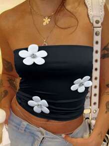 INAWLY Top corto senza spalline da donna con disegno in 3D a fiori - nero - Visualizzare 4