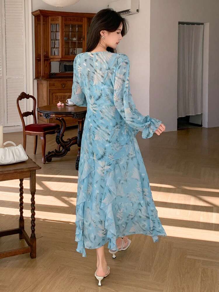2pcs Women Elegant Floral Print Long Sleeve Top And Cami Dress Set