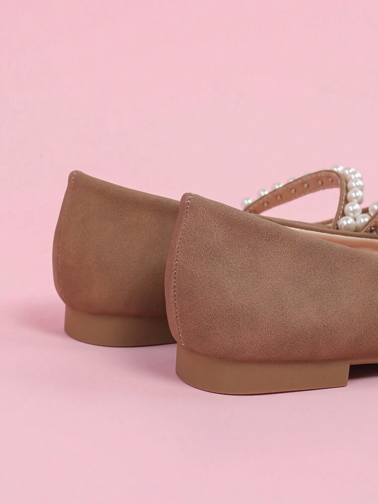 CUCCOO DOLLMOD Cute Shiny Pointed Toe Ballet Flats With 3D Faux Pearl Strap Decor, Romantic Sweet Brown Lace-Up Ballerina Flat Shoes For Women, Suitable For Date, Afternoon Tea, Party Valentine's Day