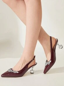 CUCCOO CHICEST 时尚优雅配色蝴蝶结米色尖头高跟鞋，适合宴会、婚礼、通勤、约会、派对春假复活节舞会高跟鞋 - 酒紅色 - 查看 4