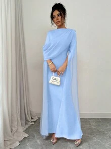 Rafferiza Elegant French Fashion Gown, Wrap Around Sheer Frill Shoulder Design, High Slit Waist Tight Bodycon Party/Banquet Dress, Stretch Knit Red Long Sleeve Dress, Autumn/Winter Fall Cloth For Women - Baby Blue - View 7
