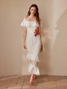 MOTF PREMIUM VESTIDO CON ESCOTE DESCUBIERTO DE HOMBROS Y ENCAJE DE CONTRASTE - Blanco - Ver 4