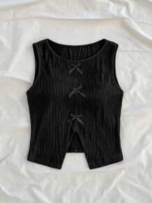 Soleia Women's Round Neck Casual Solid Color Bowknot Split Back Tank Top - Black - View 4