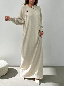 EURMUSE Robe pull maxi élégante avec détail de boutons sur une épaule pour femme