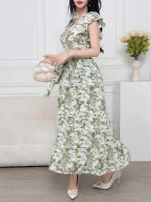 Modelyn Women's Boho Tie-Dye Maxi Dress: Green V-Neck Woven Flounce Hem Short Sleeve Wrap Dress With Ruffle Detailing, Perfect For Summer - Green - View 5