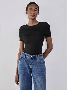 Chiquease Camiseta feminina gola redonda capelete transparente lisonjeira solta manga curta - Preto - Ver 1