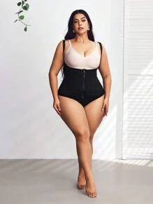 SHEIN CURVE+ Plus Size Summer Solid Color Front Zipper Shapewear Tos, High Elastic Tummy Control Vest - Black - View 5