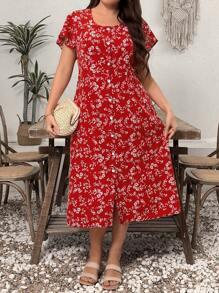 Plus Size Women Summer Front Button Short Sleeve All-Over Print Casual Dress - Red - View 3
