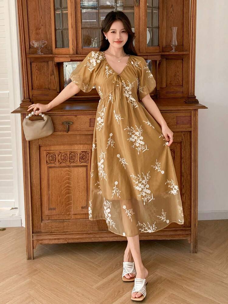 Women's Floral Print Mid-Length Casual Dress, Minimalist And Fashionable For Everyday Wear Sundress Maxi Dress Boho