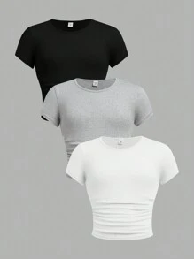SHEIN Girlism 3 Piece Set Tween Girls Fitted Casual Solid Color Crew Neck Shirred Short Sleeve T-Shirts