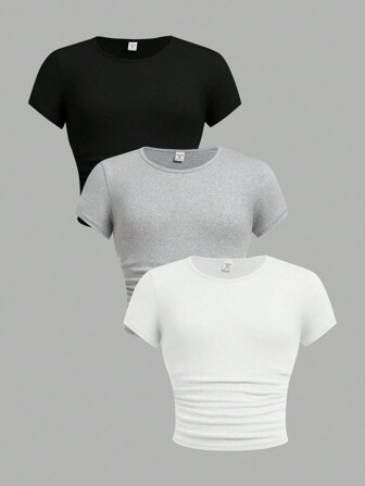 SHEIN Girlism 3 Piece Set Tween Girls Fitted Casual Solid Color Crew Neck Shirred Short Sleeve T-Shirts