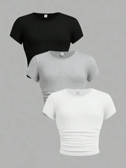 SHEIN Girlism 3 Piece Set Tween Girls Fitted Casual Solid Color Crew Neck Shirred Short Sleeve T-Shirts