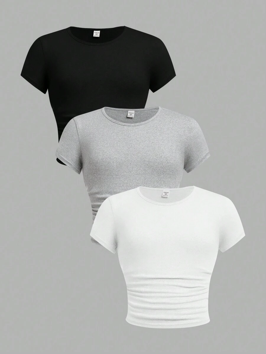 SHEIN Girlism 3 Piece Set Tween Girls Fitted Casual Solid Color Crew Neck Shirred Short Sleeve T-Shirts