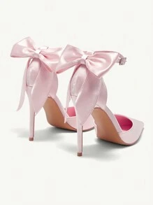 CUCCOO CHICEST Giày cao gót mũi nhọn đính nơ ruy băng 3D cho nữ, phong cách ngọt ngào lãng mạn thanh lịch, giày cao gót satin màu hồng thích hợp cho buổi hẹn hò, trà chiều, ngày lễ tình nhân, tiệc sinh nhật, trang phục quý cô tinh tế - Hồng - Xem 10