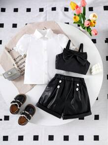 3pcs/Set Baby Girl Spring&Summer Street Style,Short Sleeves Solid Shirt&Bowknot Decoration Slip Coat &Short Pants