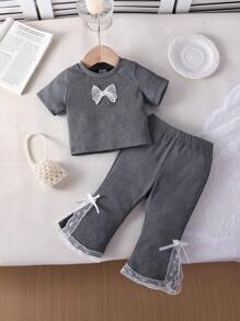 Baby Girl Casual Gray Round Neck Top + Gray Pants With Bowknot & Ruffle Decor 2Pcs Set, Summer