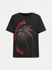 SHEIN Camiseta deportiva de manga corta, cuello redondo, elástica, cómoda, con estampado gráfico de baloncesto, para niños. Fabricada en tela de poliéster mezclado, lavable a máquina, transpirable y ligera para el uso diario y actividades al aire libre de niños en verano. - Negro - Ver 2