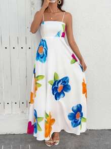 Breezaya Women's Casual Vacation Fresh Printed Spaghetti Strap Backless Dress