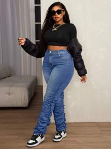SHEIN SXY Plus Size Skinny Stretch Jeans With Extended Hem Design - Medium Wash - View 5