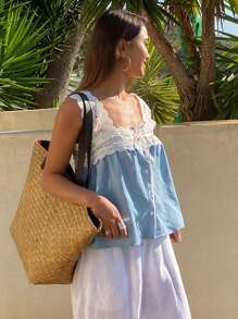 DAZY 度假蕾丝拼布抽绳系带牛仔衬衫夏季 - 藍色 - 查看 4