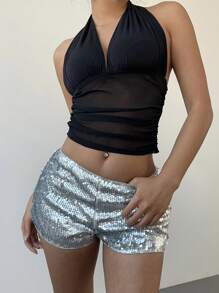 Aloruh Sexy Women Mini Micro Shorts, Glittery Party Shorts For Party, Christmas, New Year - Silver - View 5
