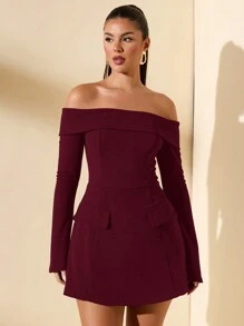 SHEIN BAE 女士秋季露肩长袖装饰鸡尾酒会礼服，适合派对、约会之夜 - 酒紅色 - 查看 6