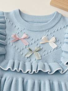 Souflis Souflis Váy len trang trí nơ hồng cho bé gái, váy dệt kim dài tay cổ tròn viền bèo nhún dễ thương - Màu xanh lam - Xem 3