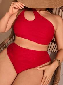 SHEIN Swim Curve 情人节基本款加大码单肩泳装套装，适合夏季海滩度假