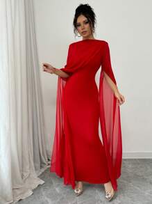 SHEIN PETITE Elegant & Charming Party Banquet Evening Dress, Ruched Oblique Shoulder Sheer Sash Dress, Long Sleeve, Side Slit, Knitted Stretchy Red Dress For Autumn/Winter Fall Cloth For Women