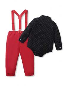 SHEIN 2 件套男婴波尔卡圆点长袖领结衬衫和工装裤，绅士装适合休闲装、派对、万圣节、圣诞节、生日 - 彩色 - 查看 2