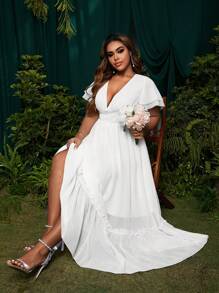 SHEIN Belle 大码纯色 V 领短袖褶边优雅白色连衣裙 - 白色 - 查看 3