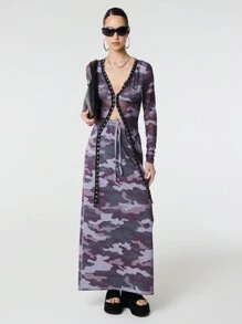 SHEIN Unity Gonna mini casual da donna con stampa mimetica e allacciatura anteriore, per uso quotidiano - Multicolore - Visualizzare 3
