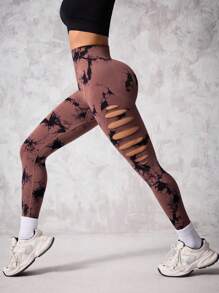 Slayform 扎染激光剪裁性感瑜伽裤，适合女性、跑步、健身、工作 - 咖啡棕 - 查看 4