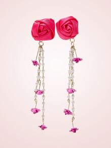 SHEIN MOD Satin Dimensional Faux Pearl Flower Tassel Dangle Earrings