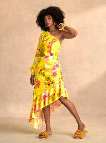 Slaydiva Yellow,Autumn,Boho,Vacation,Holiday,2025Spring/Summer Floral Print Asymmetric Hem Women Dress,One Shoulder Cutout Elegant Wedding Party Beach Dress - Multicolor - View 6