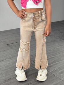 年轻女孩复古 Y2K 风格蝴蝶贴花弹力牛仔喇叭裤，休闲