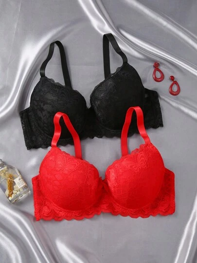 2pcs Set Women's Plus Size Plain Lace Adjustable Underwire Bra Lingerie, Lift