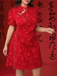 SHEIN Unity Plus Size Elegant New Chinese Style Jacquard Pleated Dress