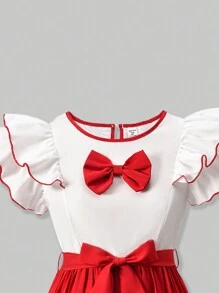 SHEIN Teen Girls Red & White Patchwork Pleated A-Line Dress, Flowy & Soft, Loose & Comfortable, Suitable For Casual Vacation, & Elegant, Wedding Guest - Red and White - View 5