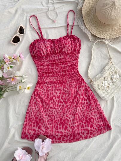 Soleia 性感细肩带豹纹网眼吊带连衣裙