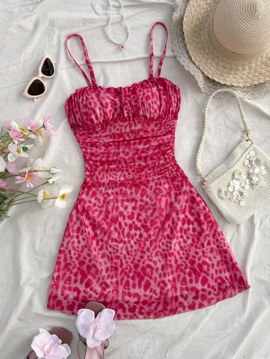 Soleia Váy yếm lưới họa tiết da báo dây mảnh gợi cảm - Hồng - Xem 1