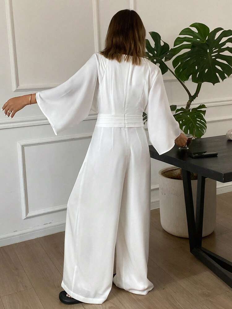 1pc Women's Solid V-Neck Ankle Length Jumpsuit, Elegant Vintage Style, Summer Women Jumpsuit, Fall Clothes Jumpsuits For Women Lounge Sets For Women