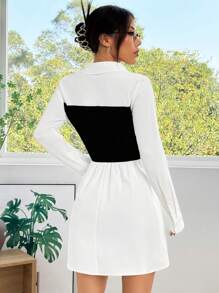 SHEIN EZwear New Black & White Contrast Splice Short Sleeve Shirt Dress, Spring/Summer - Black and White - View 2