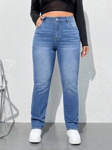 SHEIN PETITE CURVE Plus Size Women's Straight-Leg Casual Pocketed Jeans, Versatile - Medium Wash - View 3