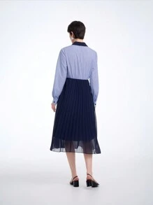 SHEIN Clasi 女式 2024 新款条纹拼接雪纺褶皱休闲中长连衣裙 - 藍色 - 查看 2
