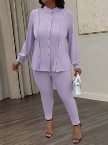 Maweii 2 pièces/set Blouse avec boutons et legging skinny taille haute pour femmes grande taille - Parme - Voir 4